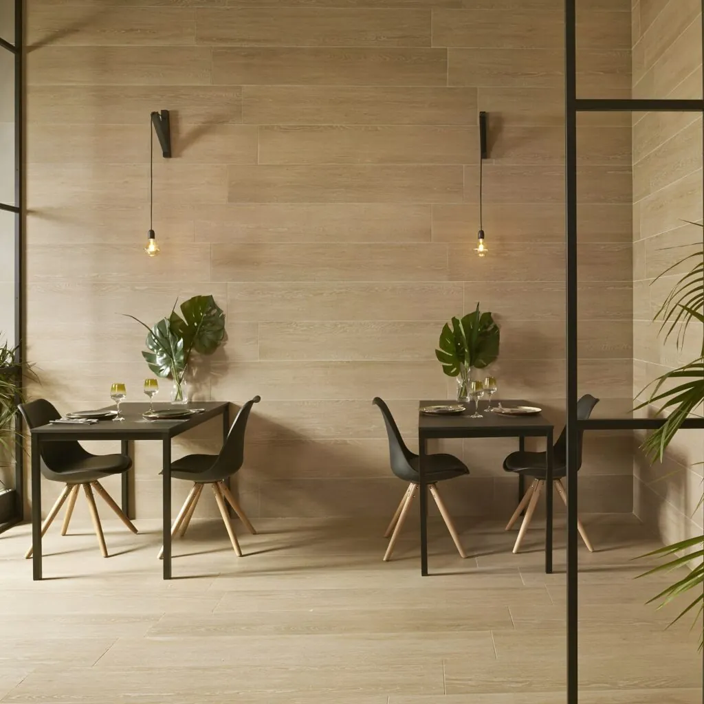 Comedor con revestimiento Savia efecto roble y mesas negras