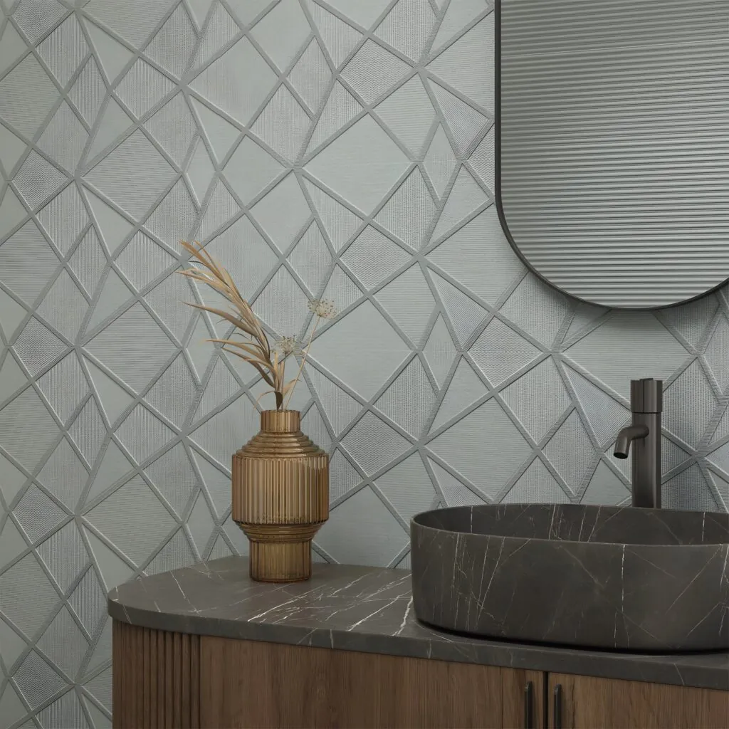 Lavabo de piedra oscura con revestimiento Miyako verde de relieve geométrico