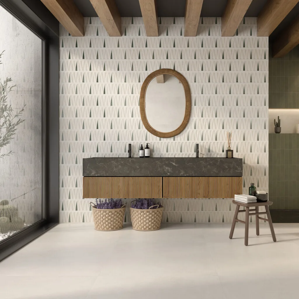 Baño con revestimiento Terracota blanco decorado en verde y mueble de madera