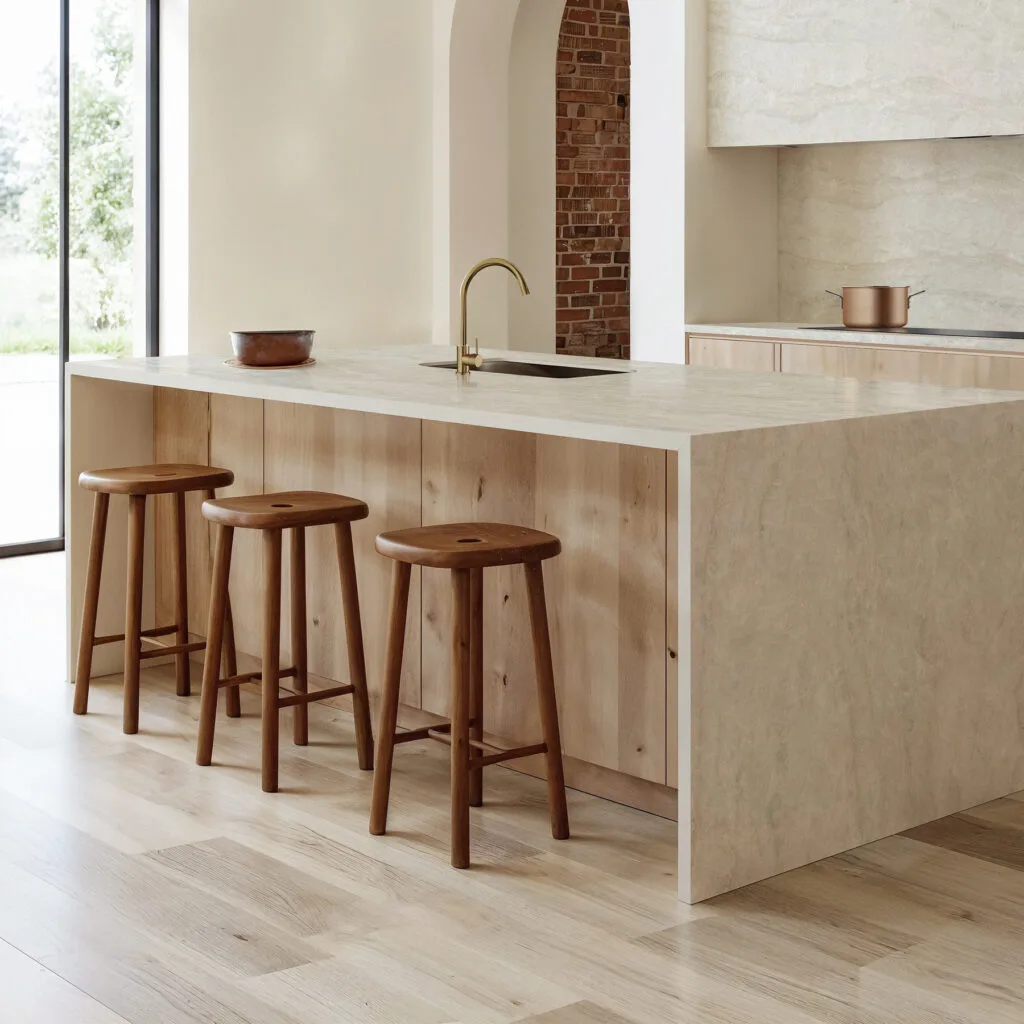 Isla de cocina efecto piedra beige con taburetes de madera y grifo dorado