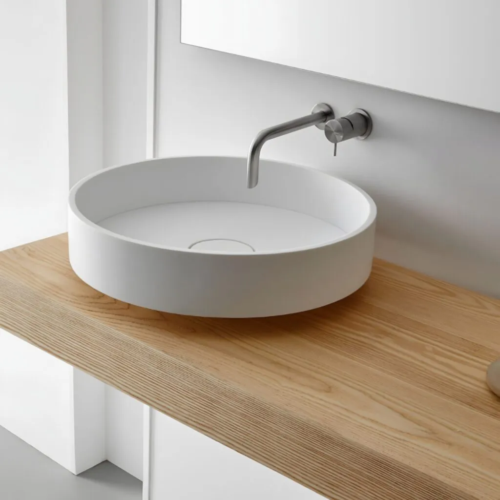 Lavabo redondo blanco sobre encimera de madera con grifería mural gris