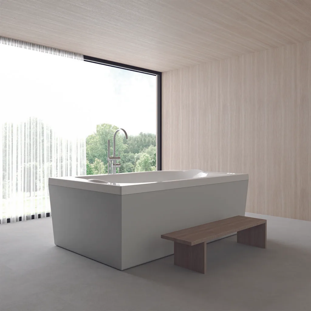 Bañera rectangular exenta blanca con banco de madera ante ventanal