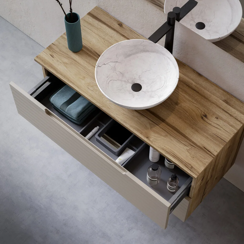 Mueble de lavabo Roma con encimera de madera, cajón abierto y lavabo de piedra