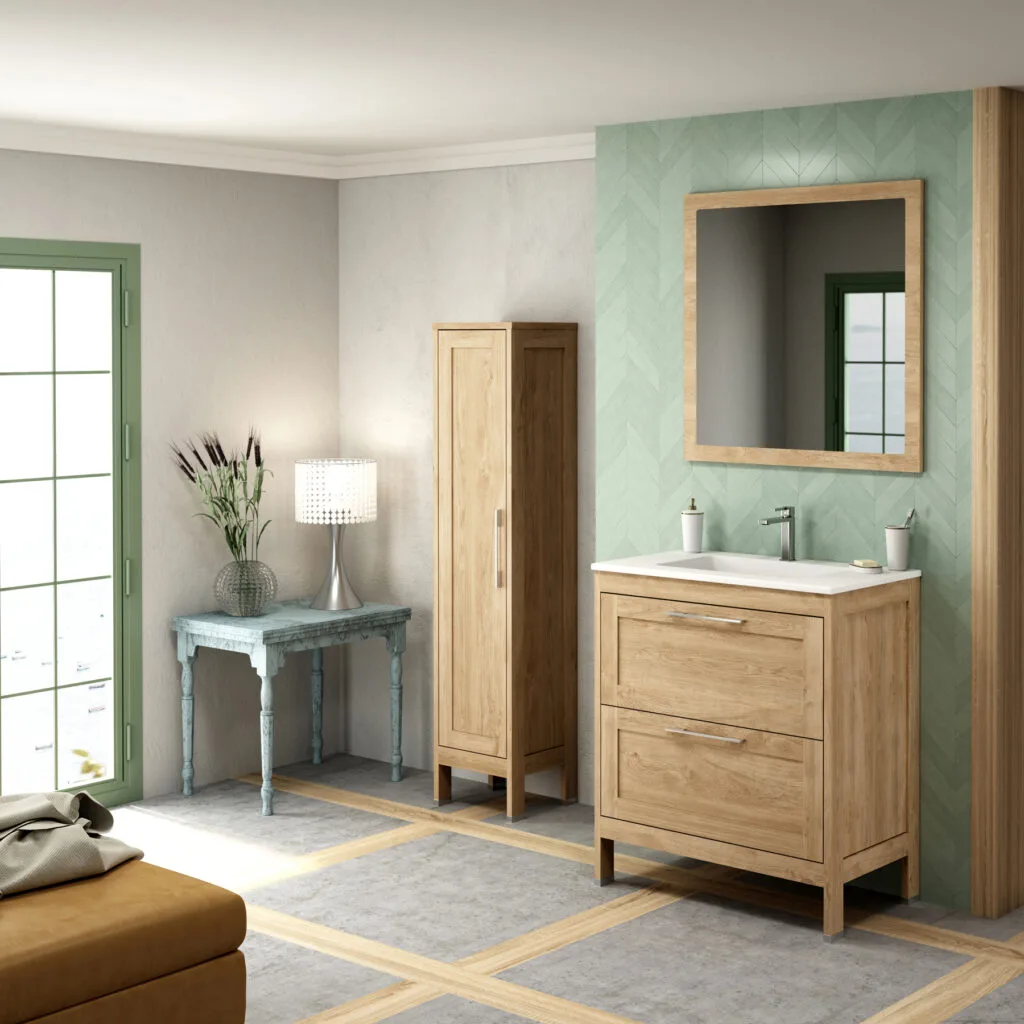 Mueble de lavabo Toscana de madera con espejo y pared verde salvia