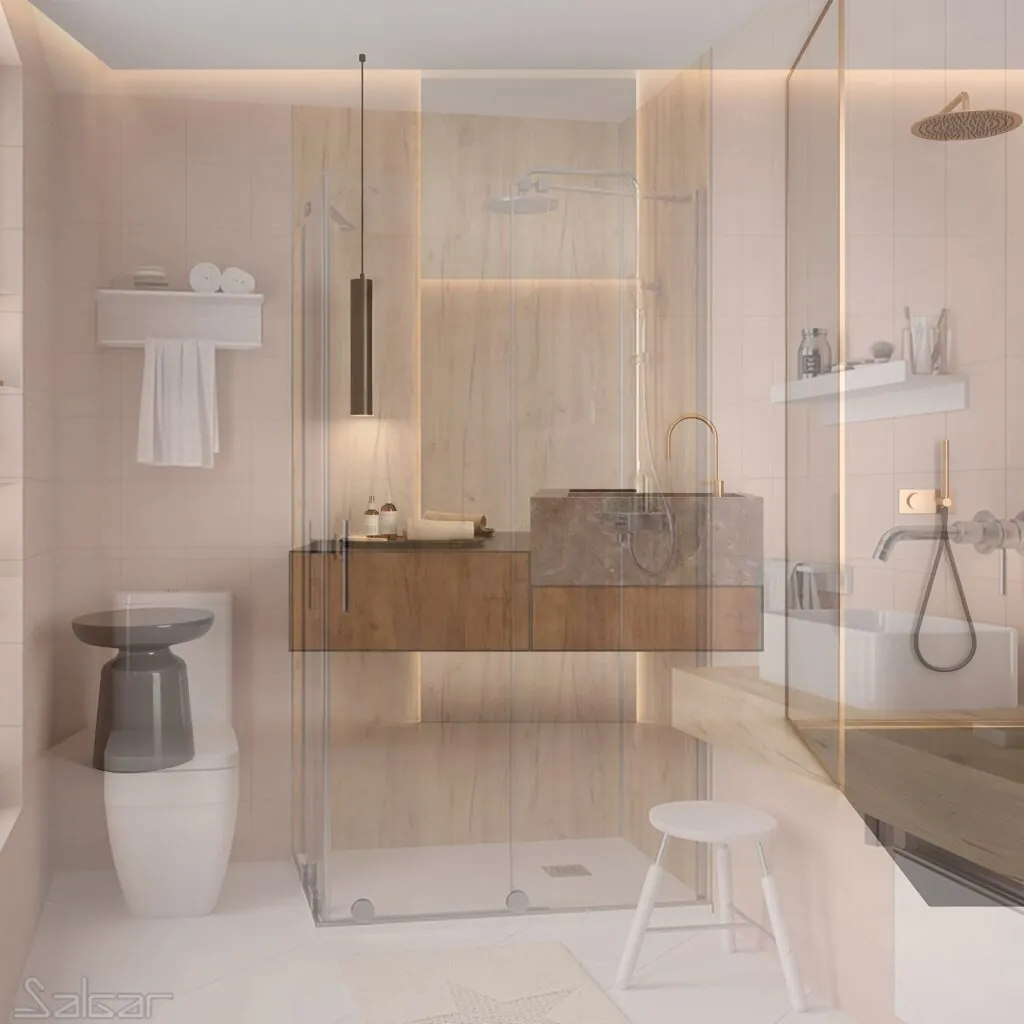 Ducha con panel de pared efecto madera y revestimiento rosa en baño