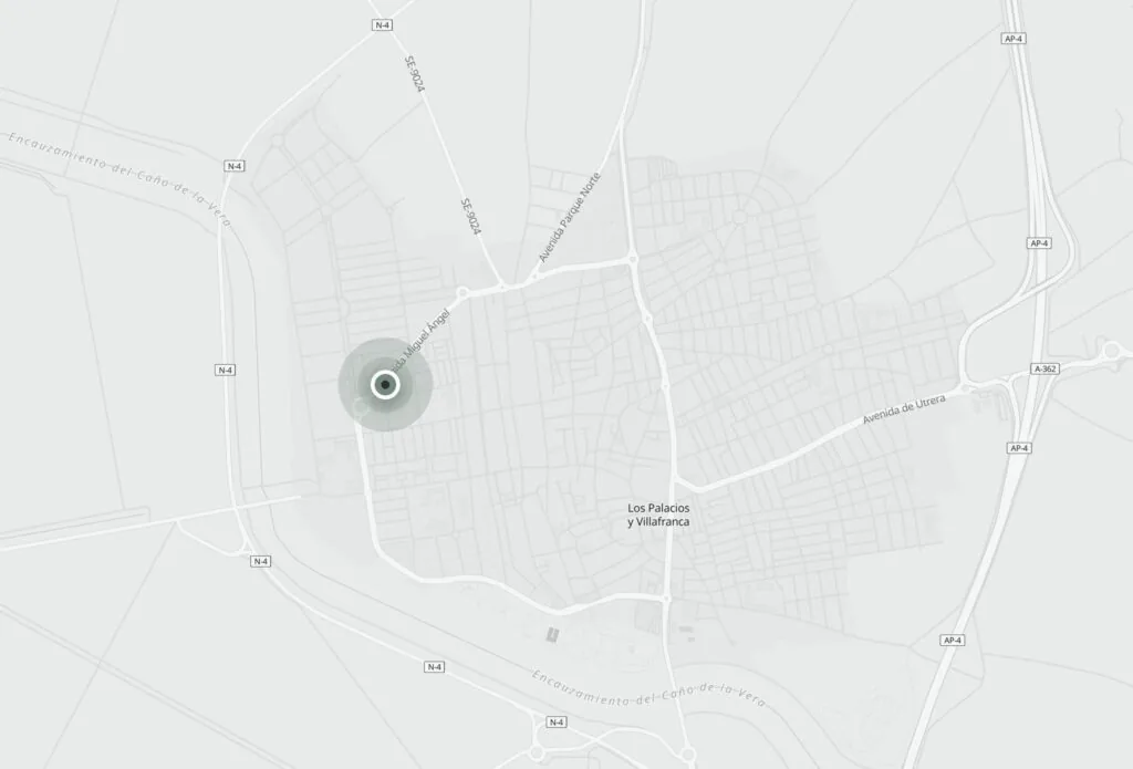 Mapa de Los Palacios y Villafranca con la ubicación del showroom de Forma Cerámicas en la Avenida Miguel Ángel