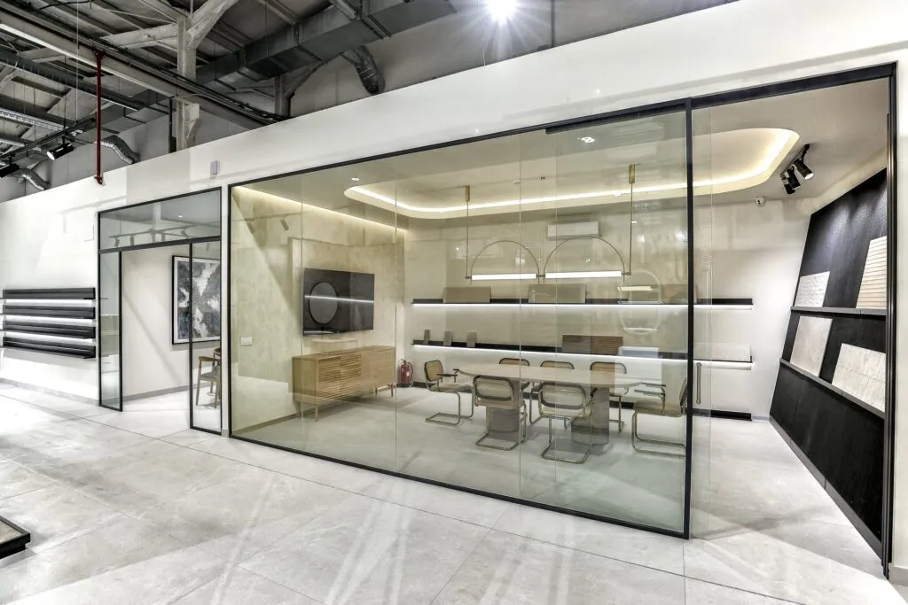 Ambiente acristalado con baño completo en el showroom